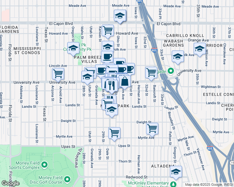 map of restaurants, bars, coffee shops, grocery stores, and more near 3792 31st Street in San Diego