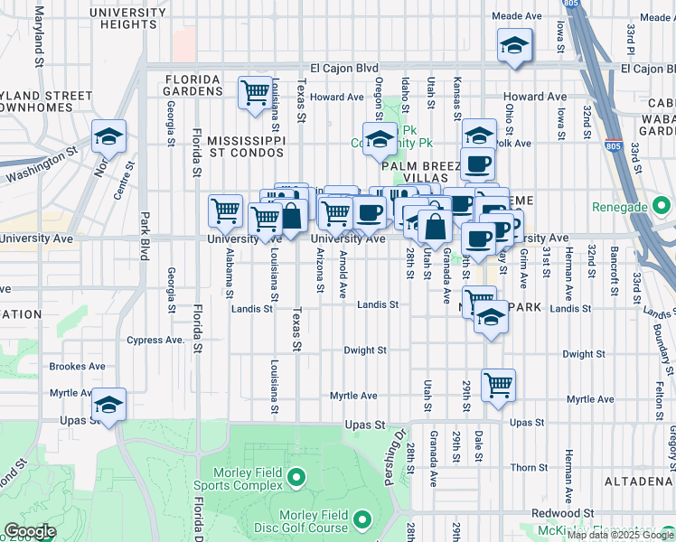 map of restaurants, bars, coffee shops, grocery stores, and more near 3739 Arnold Avenue in San Diego