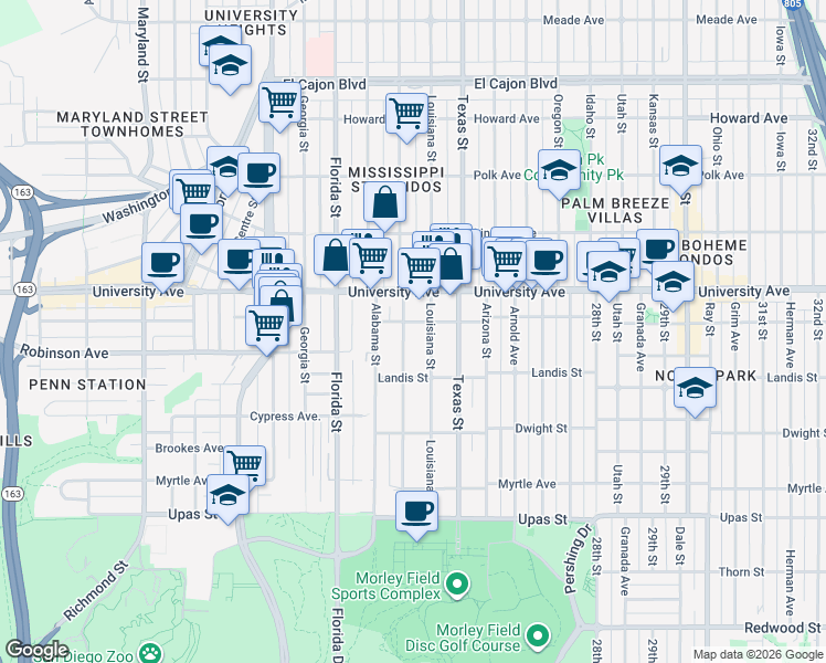 map of restaurants, bars, coffee shops, grocery stores, and more near 3749 Mississippi Street in San Diego