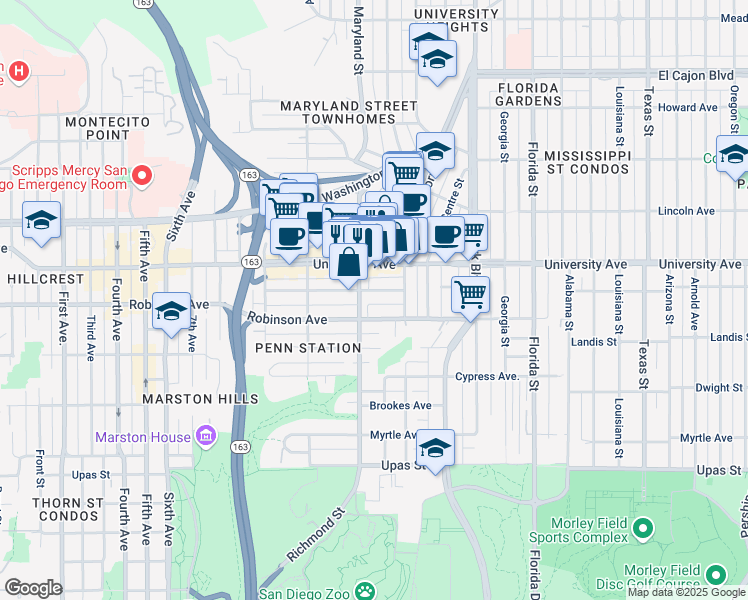 map of restaurants, bars, coffee shops, grocery stores, and more near 1518 Robinson Avenue in San Diego