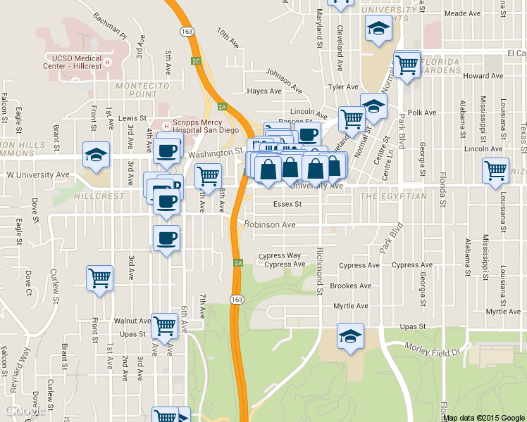 map of restaurants, bars, coffee shops, grocery stores, and more near 1030 Robinson Avenue in San Diego