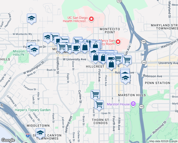 map of restaurants, bars, coffee shops, grocery stores, and more near 3781 Brant Street in San Diego