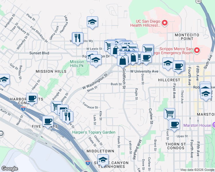 map of restaurants, bars, coffee shops, grocery stores, and more near 1136 Sutter Street in San Diego