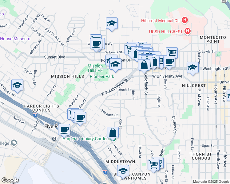 map of restaurants, bars, coffee shops, grocery stores, and more near 1326 Sutter Street in San Diego