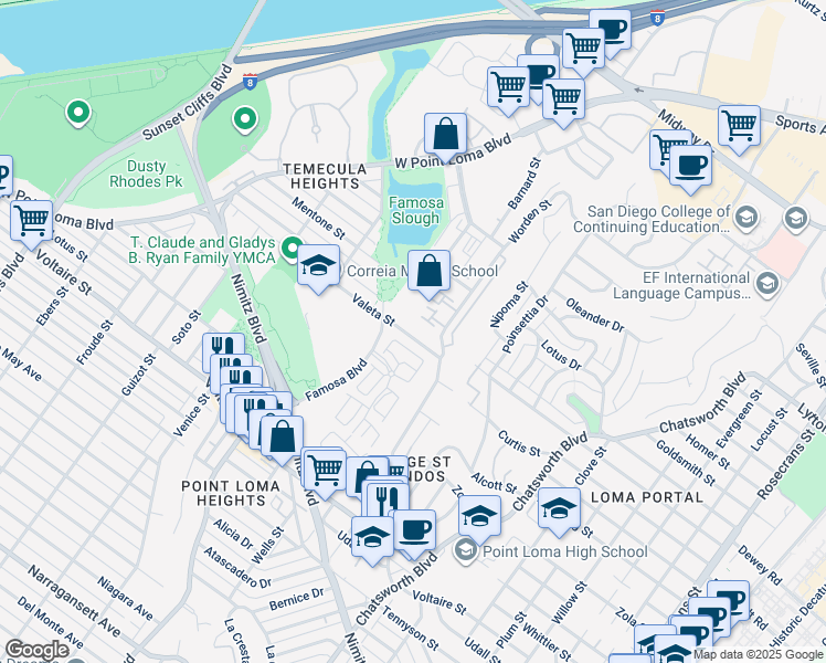 map of restaurants, bars, coffee shops, grocery stores, and more near 2478 Caminito Venido in San Diego