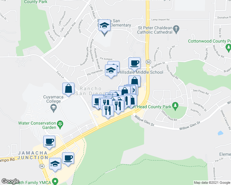 map of restaurants, bars, coffee shops, grocery stores, and more near 11442 Via Rancho San Diego in El Cajon