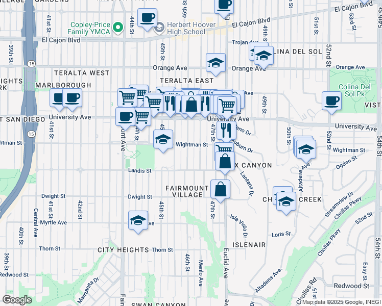 map of restaurants, bars, coffee shops, grocery stores, and more near 3740 Menlo Avenue in San Diego