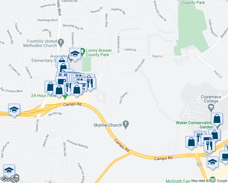 map of restaurants, bars, coffee shops, grocery stores, and more near 3610 Via Picante in La Mesa