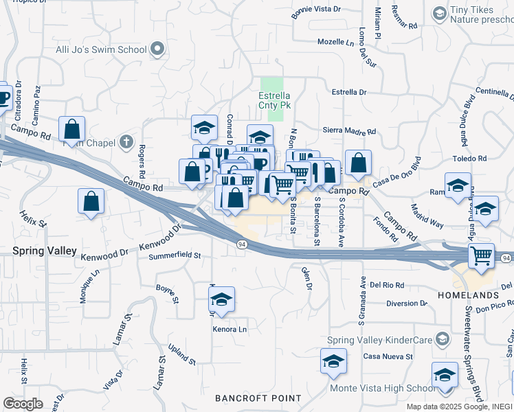 map of restaurants, bars, coffee shops, grocery stores, and more near 9845 Campo Road in Spring Valley