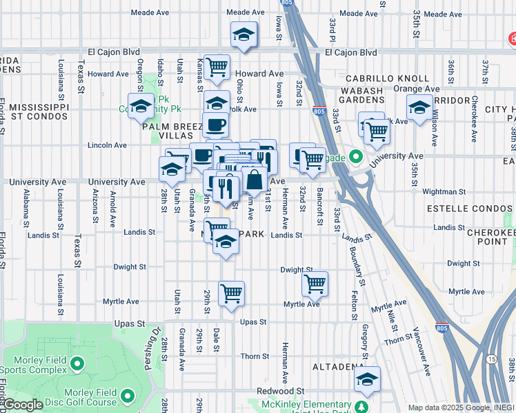 map of restaurants, bars, coffee shops, grocery stores, and more near 3077 North Park Way in San Diego