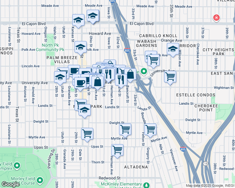 map of restaurants, bars, coffee shops, grocery stores, and more near 3780 32nd Street in San Diego