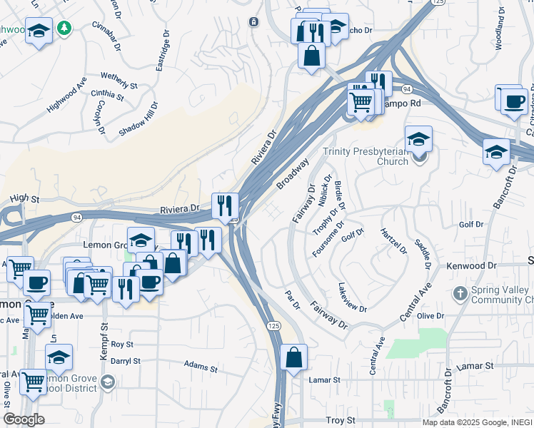 map of restaurants, bars, coffee shops, grocery stores, and more near 3504 Sequoia Street in Lemon Grove