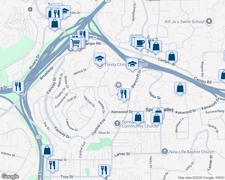map of restaurants, bars, coffee shops, grocery stores, and more near 8872 Golf Drive in Spring Valley