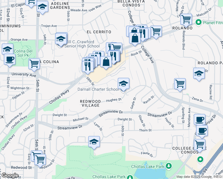 map of restaurants, bars, coffee shops, grocery stores, and more near 3955 Faircross Place in San Diego