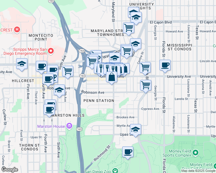 map of restaurants, bars, coffee shops, grocery stores, and more near 1265 Essex Street in San Diego