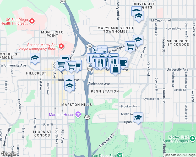 map of restaurants, bars, coffee shops, grocery stores, and more near 1027 Essex Street in San Diego