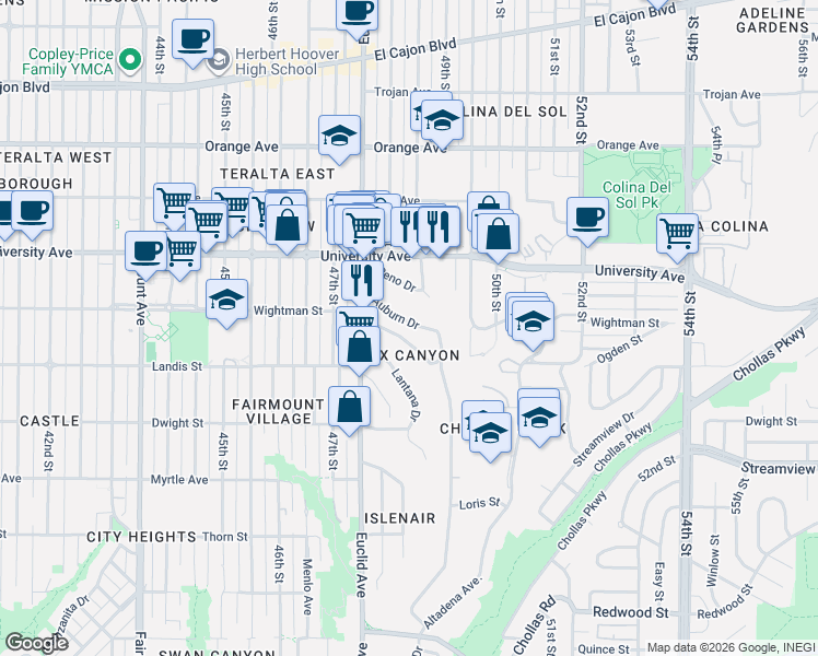 map of restaurants, bars, coffee shops, grocery stores, and more near 4839 Auburn Drive in San Diego
