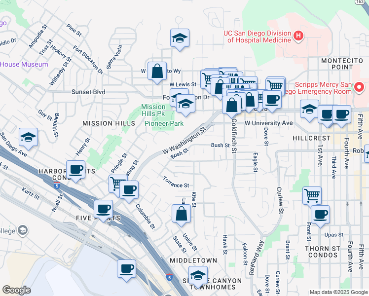 map of restaurants, bars, coffee shops, grocery stores, and more near 1336 Bush Street in San Diego