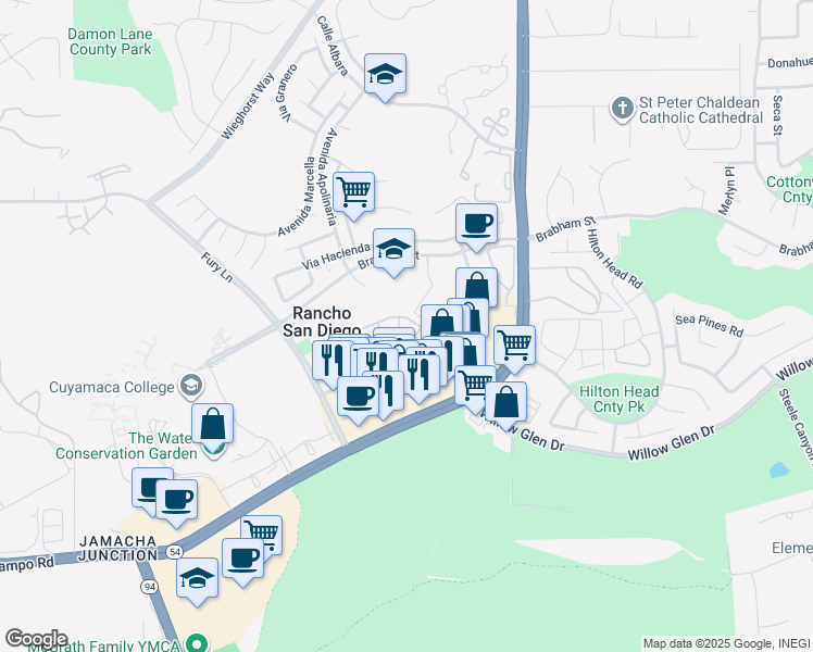 map of restaurants, bars, coffee shops, grocery stores, and more near 11442 Via Rancho San Diego in El Cajon