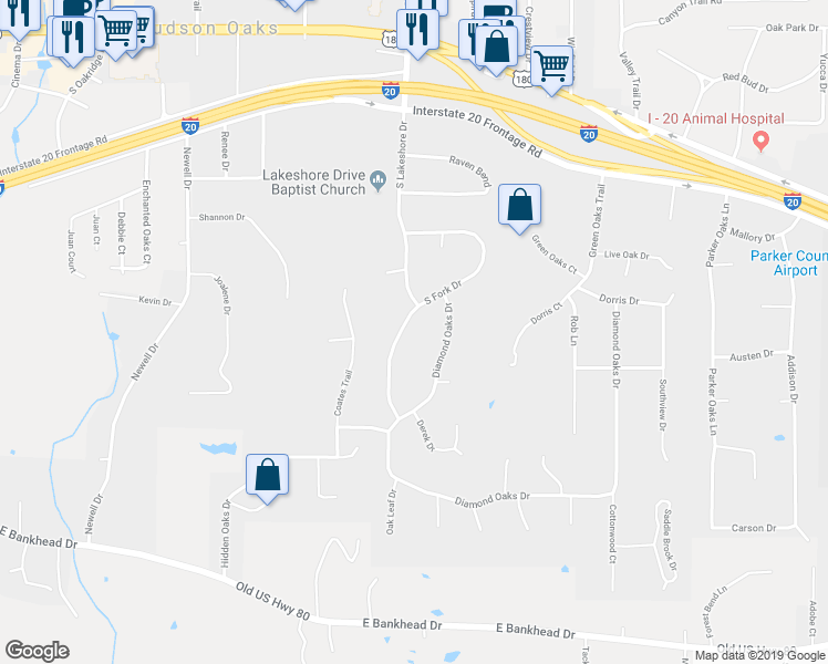 map of restaurants, bars, coffee shops, grocery stores, and more near 219 South Fork Drive in Weatherford