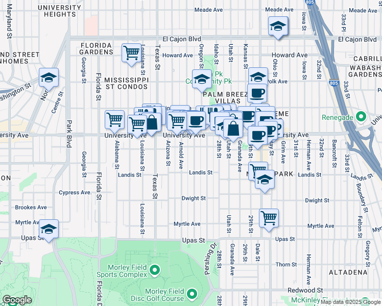 map of restaurants, bars, coffee shops, grocery stores, and more near 3776 Villa Terrace in San Diego