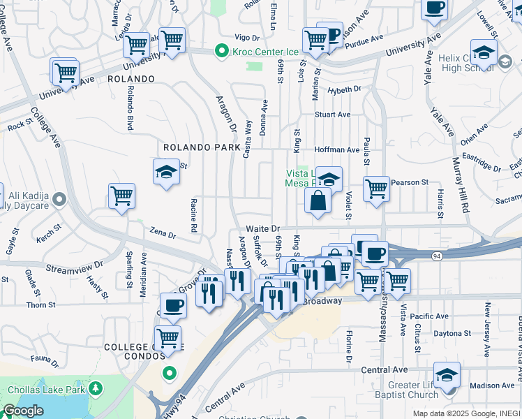 map of restaurants, bars, coffee shops, grocery stores, and more near 6820 Waite Drive in San Diego