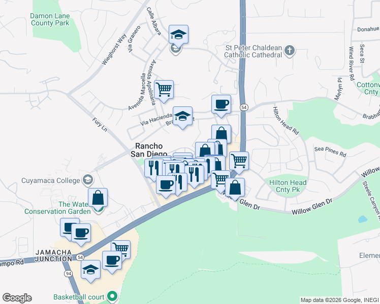 map of restaurants, bars, coffee shops, grocery stores, and more near 11430 Via Rancho San Diego in El Cajon