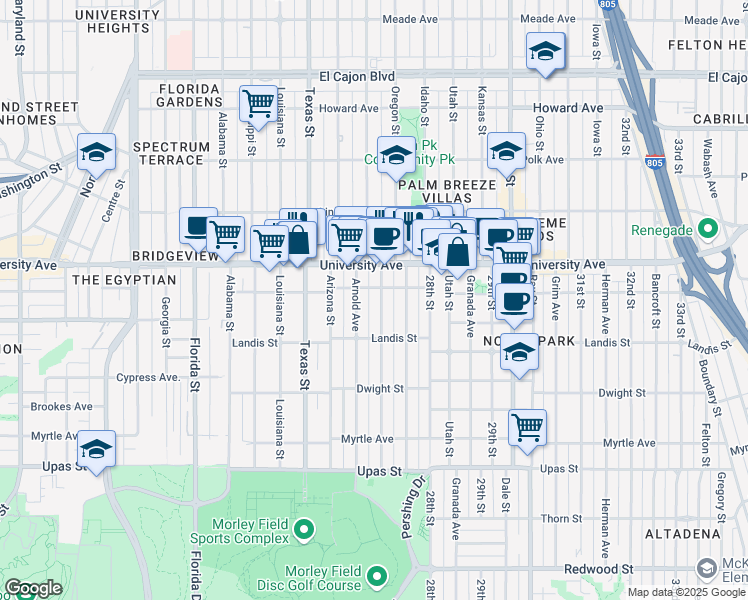 map of restaurants, bars, coffee shops, grocery stores, and more near 3776 Villa Terrace in San Diego