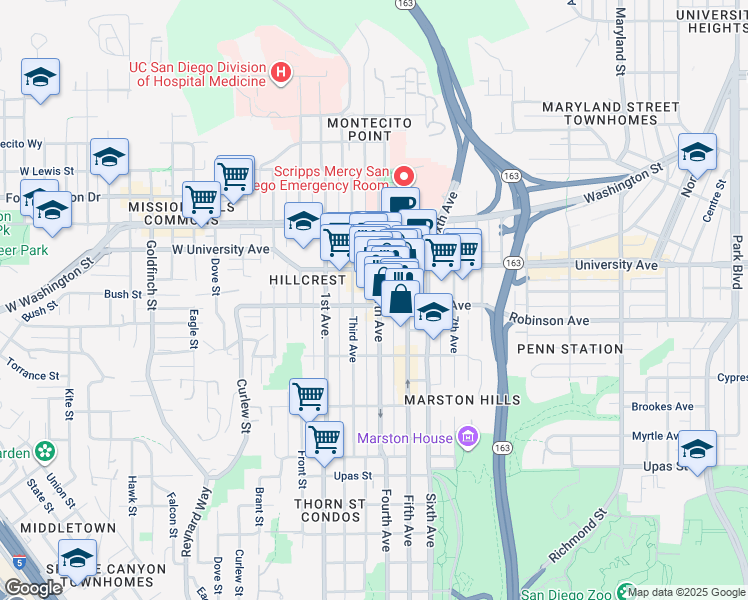 map of restaurants, bars, coffee shops, grocery stores, and more near 3750 Fourth Avenue in San Diego