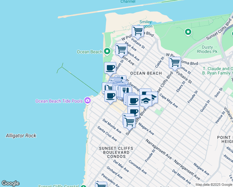 map of restaurants, bars, coffee shops, grocery stores, and more near 5004 Newport Avenue in San Diego