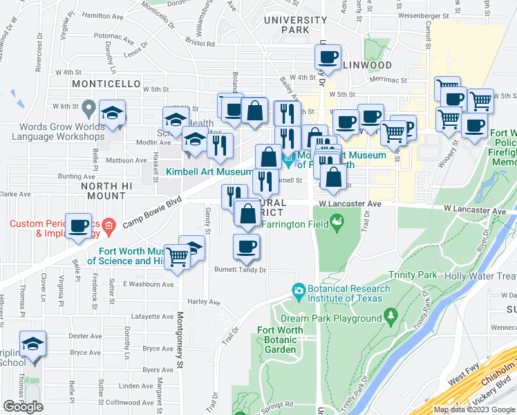 map of restaurants, bars, coffee shops, grocery stores, and more near in Fort Worth