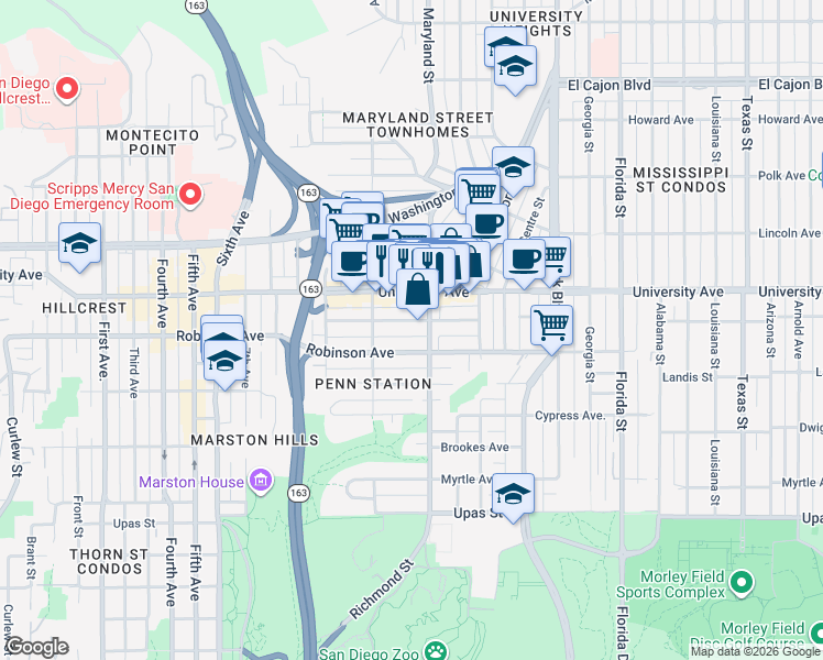 map of restaurants, bars, coffee shops, grocery stores, and more near 1265 Essex Street in San Diego