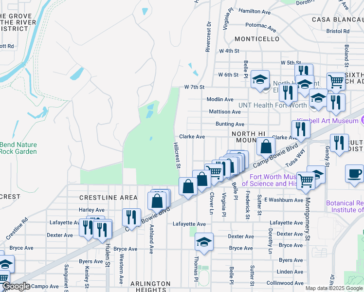 map of restaurants, bars, coffee shops, grocery stores, and more near 1305 Hillcrest Street in Fort Worth