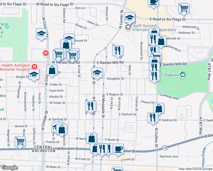 map of restaurants, bars, coffee shops, grocery stores, and more near 817 North Mesquite Street in Arlington