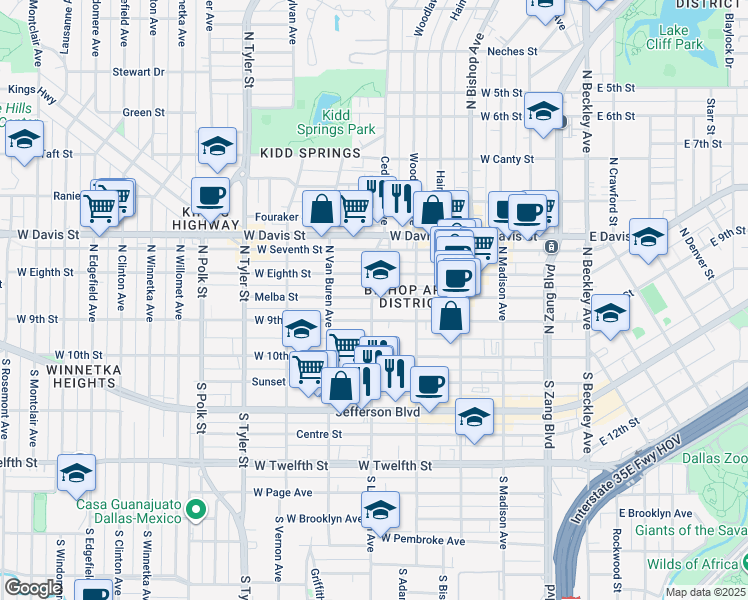map of restaurants, bars, coffee shops, grocery stores, and more near 201 North Adams Avenue in Dallas