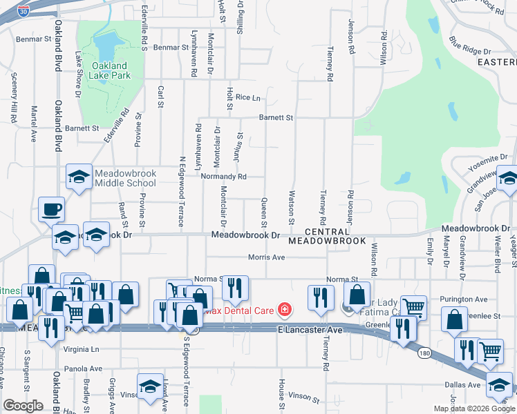 map of restaurants, bars, coffee shops, grocery stores, and more near 2200 Queen Street in Fort Worth