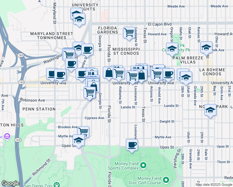 map of restaurants, bars, coffee shops, grocery stores, and more near in San Diego