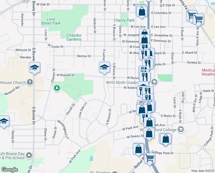 map of restaurants, bars, coffee shops, grocery stores, and more near 1130 Story Book Lane in Weatherford