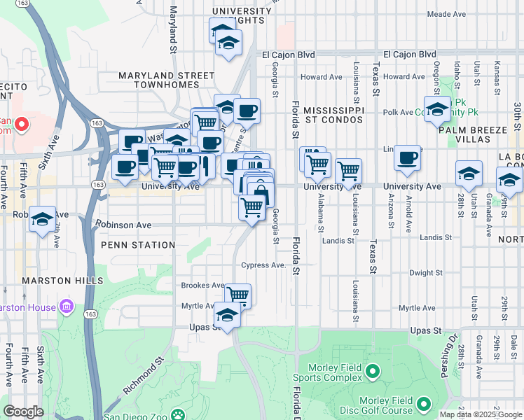 map of restaurants, bars, coffee shops, grocery stores, and more near 3783 Park Boulevard in San Diego