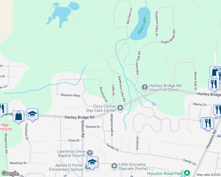 map of restaurants, bars, coffee shops, grocery stores, and more near 5461 Lake Drive in Macon