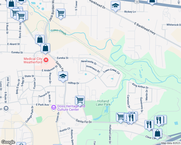 map of restaurants, bars, coffee shops, grocery stores, and more near 1210 Newcastle Drive in Weatherford