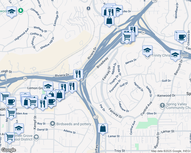 map of restaurants, bars, coffee shops, grocery stores, and more near 8365 Broadway in Lemon Grove