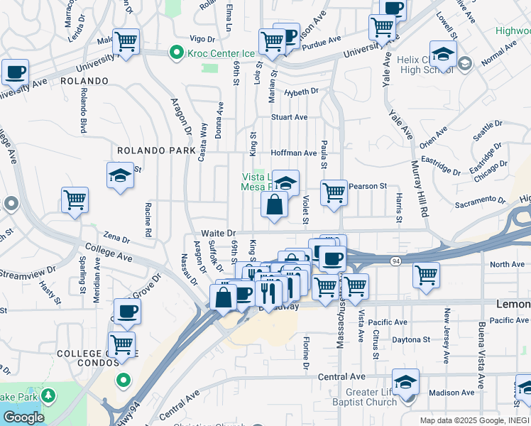 map of restaurants, bars, coffee shops, grocery stores, and more near 3815 King Street in La Mesa