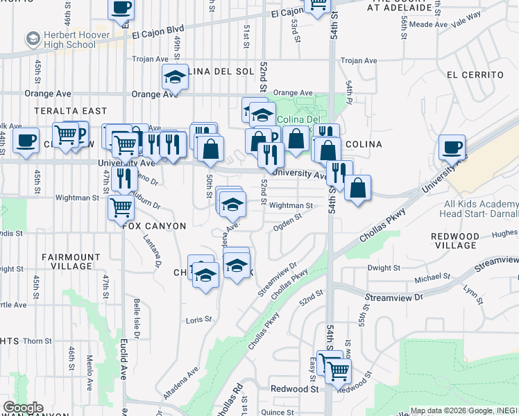 map of restaurants, bars, coffee shops, grocery stores, and more near 3720 52nd Street in San Diego