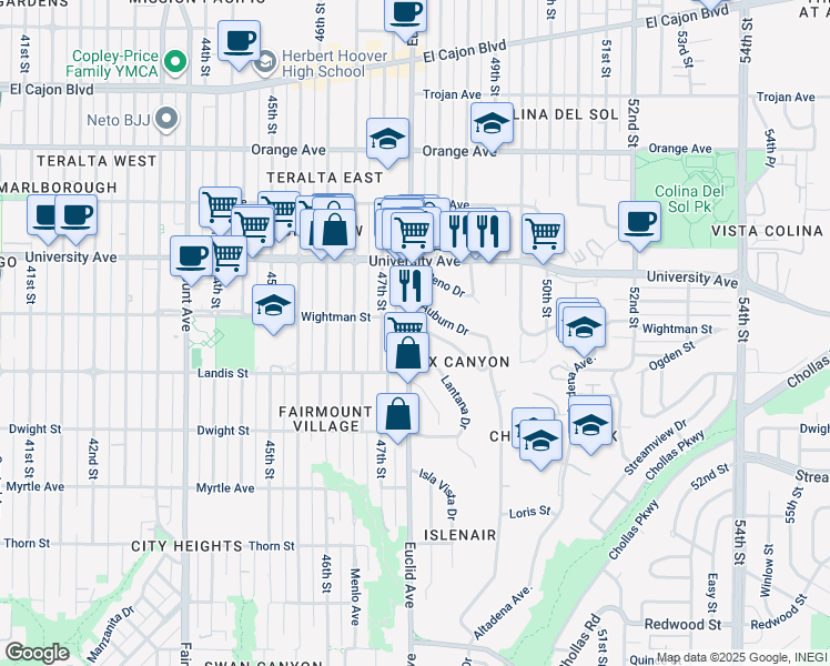 map of restaurants, bars, coffee shops, grocery stores, and more near 4780 Lantana Drive in San Diego