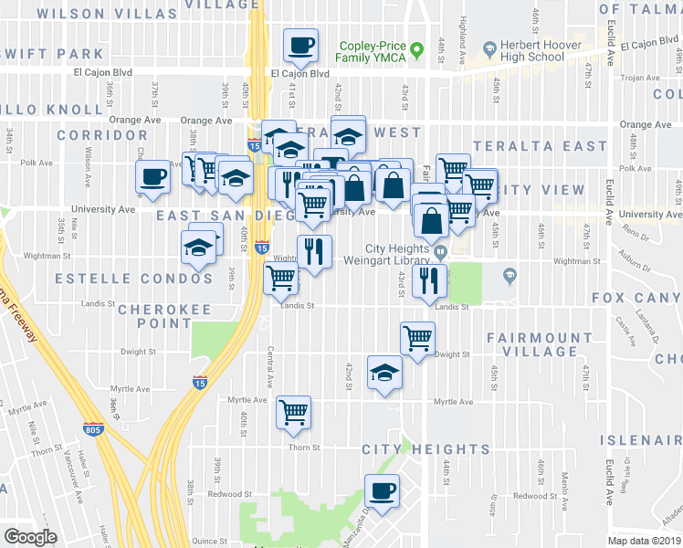map of restaurants, bars, coffee shops, grocery stores, and more near 3720 42nd Street in San Diego