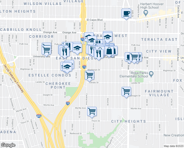 map of restaurants, bars, coffee shops, grocery stores, and more near 3727 Central Avenue in San Diego