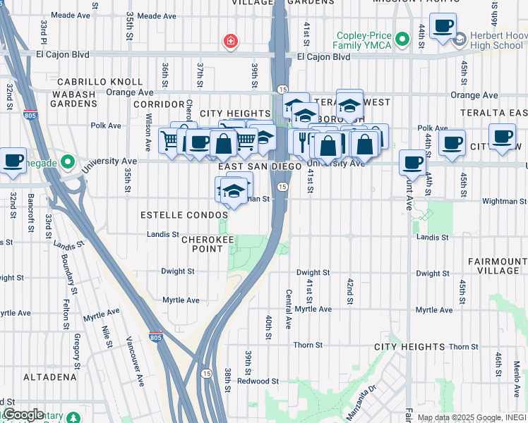 map of restaurants, bars, coffee shops, grocery stores, and more near 3726 40th Street in San Diego