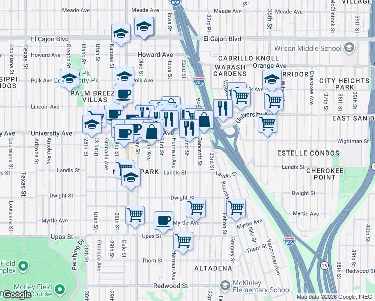 map of restaurants, bars, coffee shops, grocery stores, and more near 3747 32nd Street in San Diego