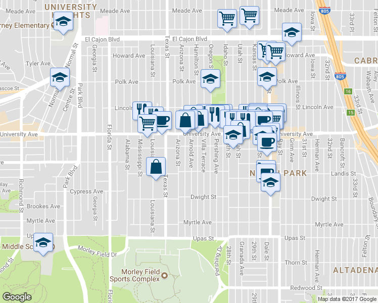map of restaurants, bars, coffee shops, grocery stores, and more near 3739 Arnold Avenue in San Diego